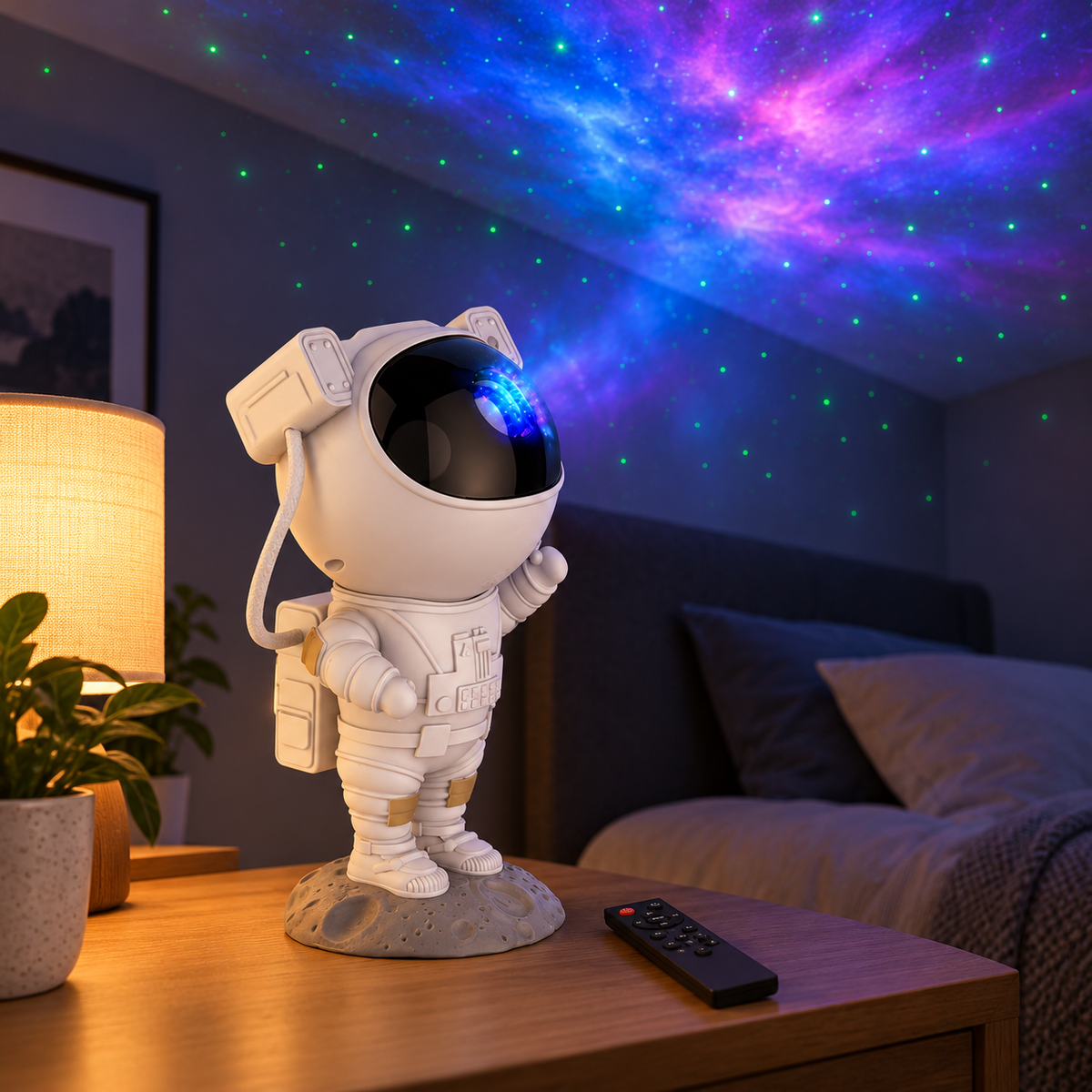 Lampă LED cu proiector de stele și galaxii, model astronaut, 8 efecte de nebuloasă, telecomandă, alb