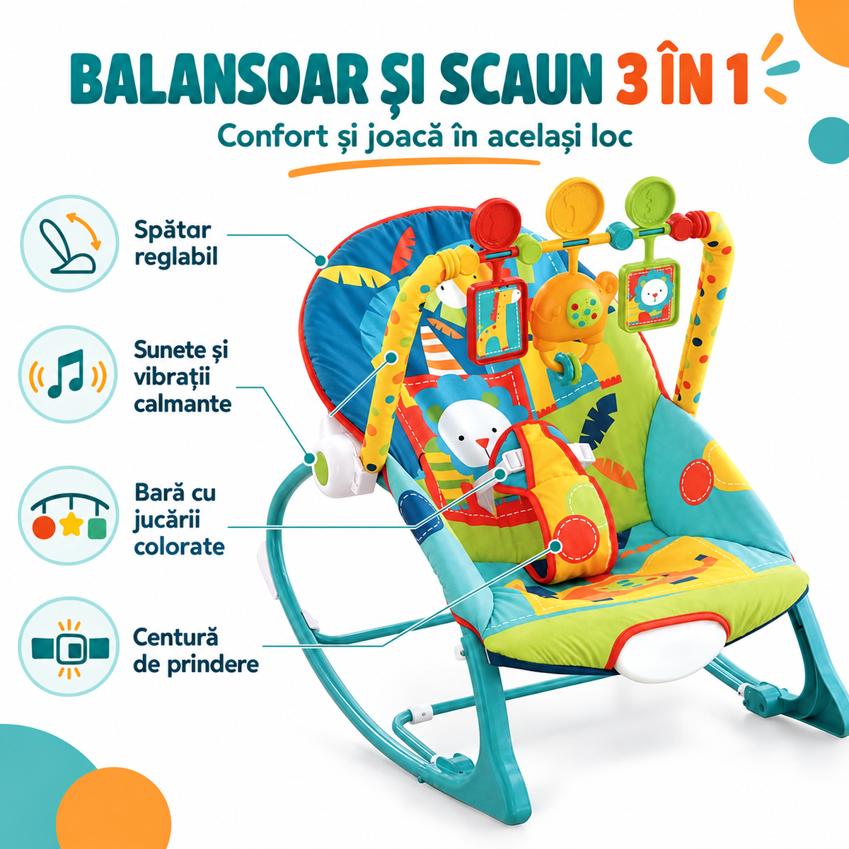 Balansoar și scaun 3 în 1 pentru bebeluși, cu spătar reglabil, sunete, vibrații și bară cu jucării