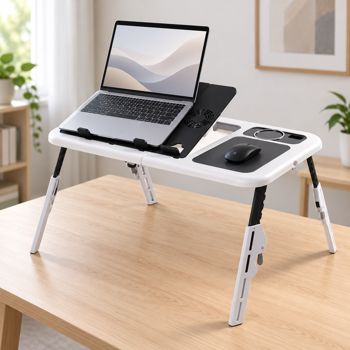 Masă pentru laptop cu 2 ventilatoare de răcire, suport pentru pahar și mouse pad, alb-negru