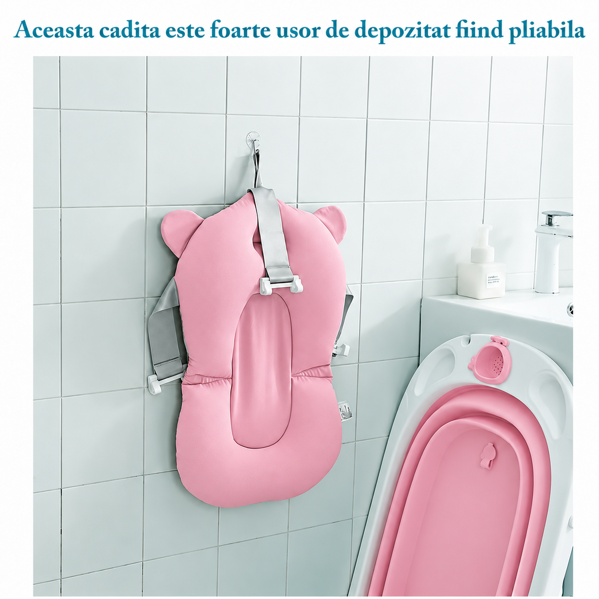 Cădiță pliabilă pentru bebeluși, cu pernuță și termometru electronic, 80 × 50 × 20 cm, alb/roz