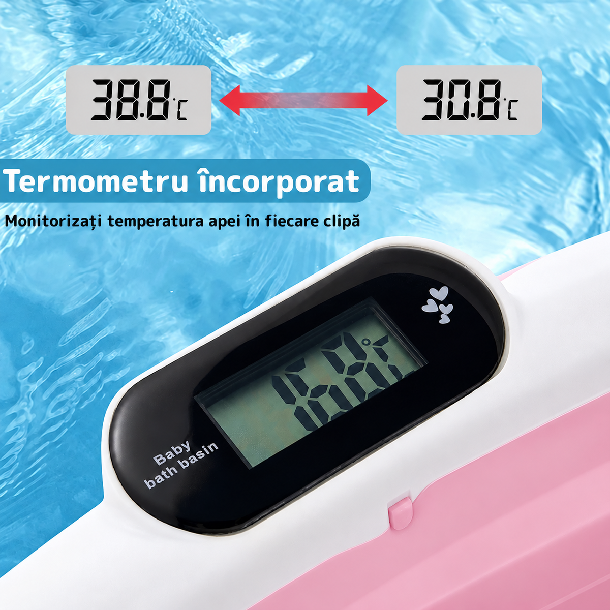 Cădiță pliabilă pentru bebeluși, cu pernuță și termometru electronic, 80 × 50 × 20 cm, alb/roz