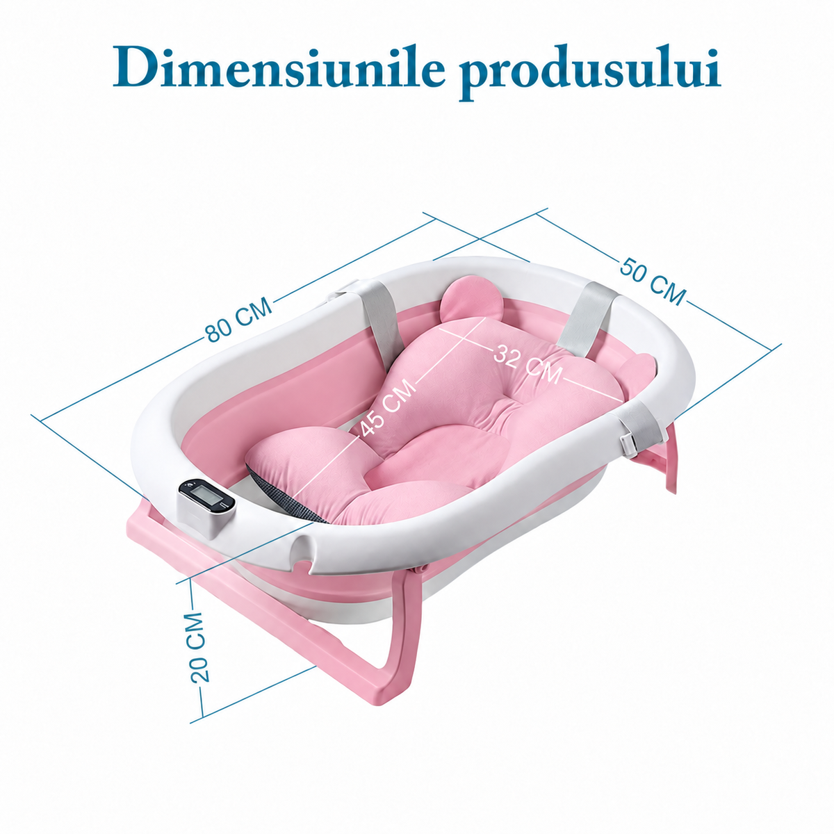 Cădiță pliabilă pentru bebeluși, cu pernuță și termometru electronic, 80 × 50 × 20 cm, alb/roz