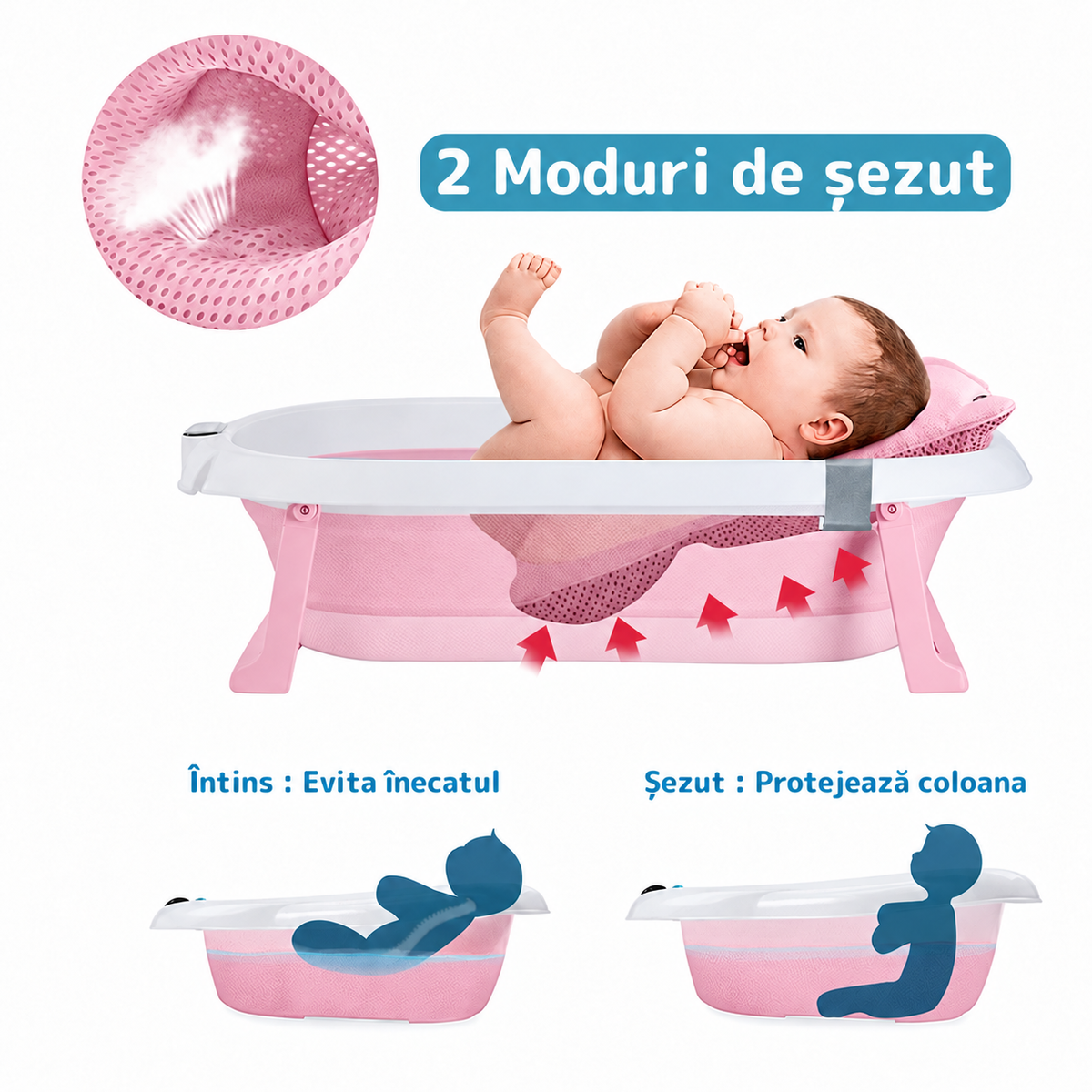 Cădiță pliabilă pentru bebeluși, cu pernuță și termometru electronic, 80 × 50 × 20 cm, alb/roz