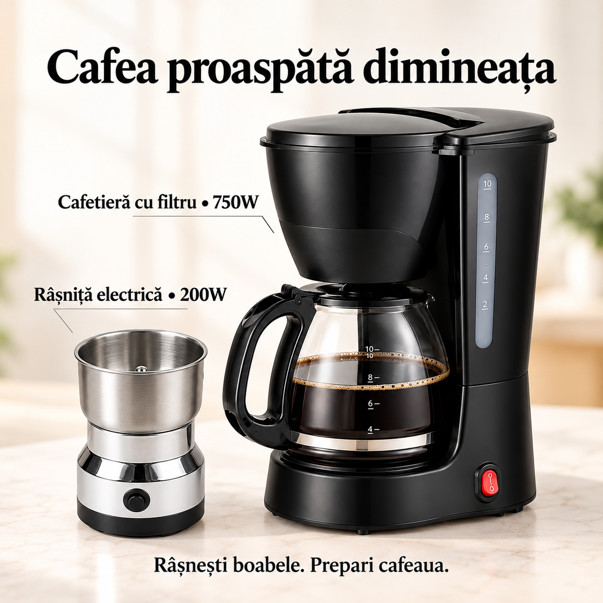 Pachet Cafea Proaspătă Dimineața – Cafetieră cu Filtru 750W + Râșniță Electrică 200W