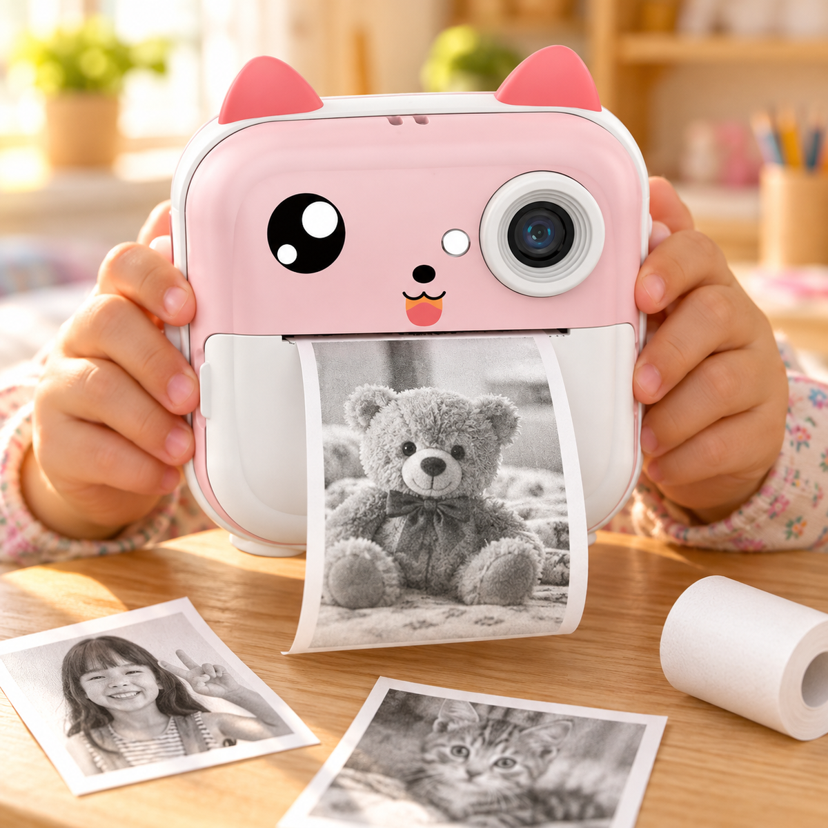 Aparat foto pentru copii Q5, cu imprimare termică instant, ecran 2,4″ și aplicație Fun Print + card de memorie inclus – Roz