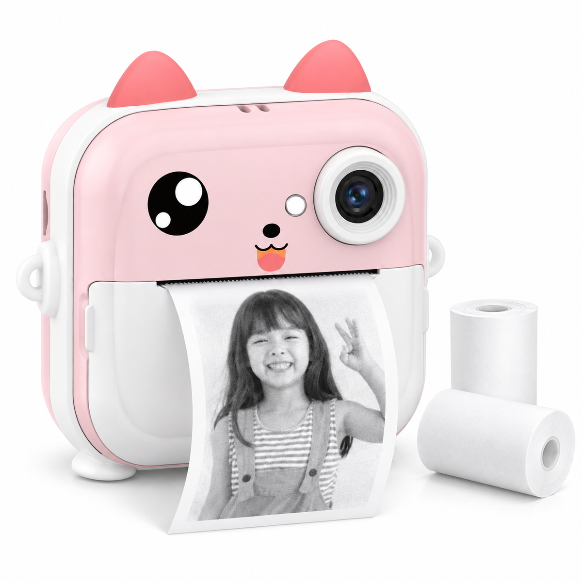 Aparat foto pentru copii Q5, cu imprimare termică instant, ecran 2,4″ și aplicație Fun Print + card de memorie inclus – Roz