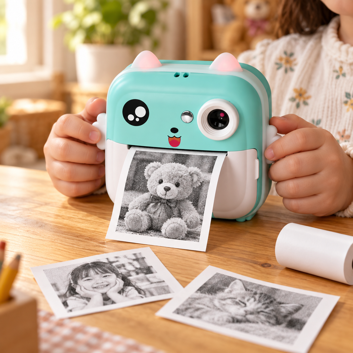 Aparat foto pentru copii Q5, cu imprimare termică instant, ecran 2,4″ și aplicație Fun Print + card de memorie inclus – Albastru