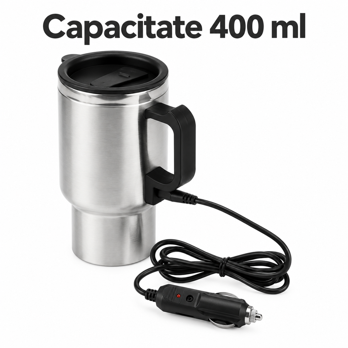 Cană termos auto 400 ml, cu alimentare la priza de 12 V și adaptor inclus, pentru cafea și ceai
