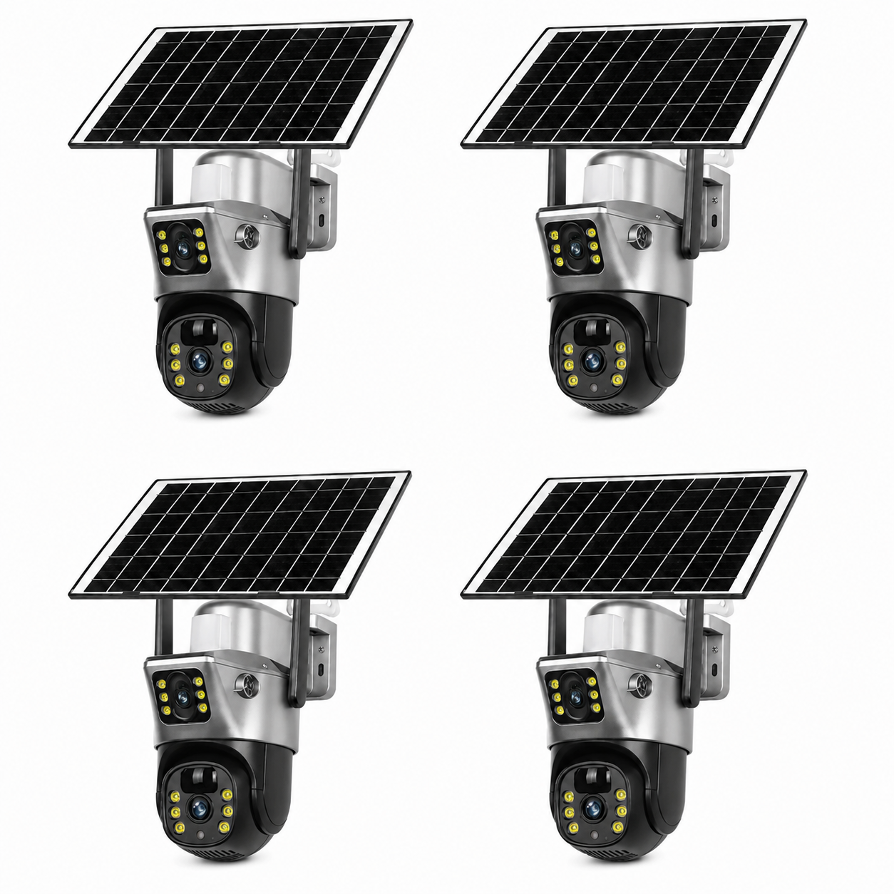 Pachet 4 x Camere de Supraveghere cu Panou Solar, Wi‑Fi, 3MP + 3MP, Zoom 10X și Rotire 360°