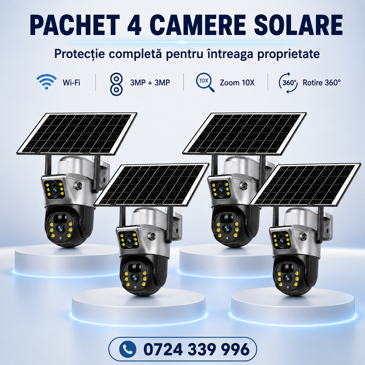 Pachet 4 x Camere de Supraveghere cu Panou Solar, Wi‑Fi, 3MP + 3MP, Zoom 10X și Rotire 360°