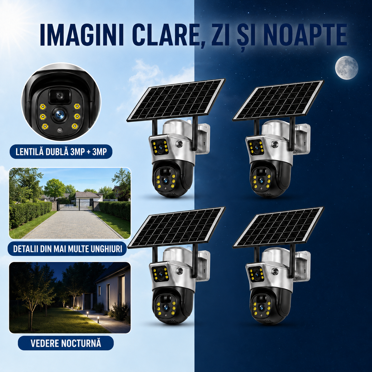 Pachet 4 x Camere de Supraveghere cu Panou Solar, Wi‑Fi, 3MP + 3MP, Zoom 10X și Rotire 360°