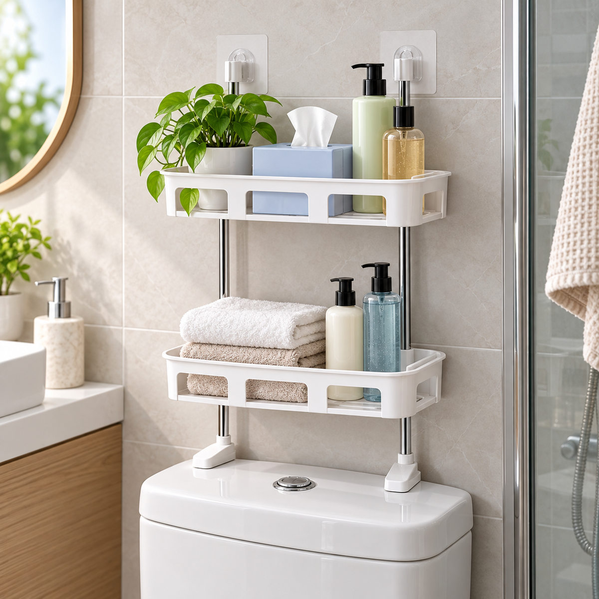 Raft organizator pentru baie, montare deasupra toaletei, 2 polițe, 58 × 30 cm