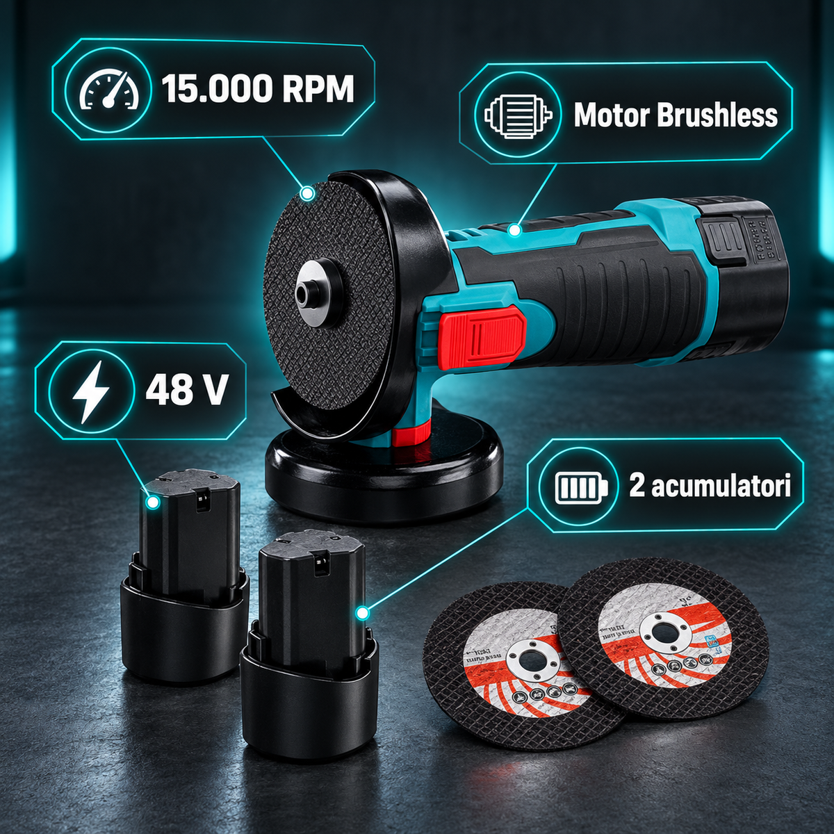 Mini polizor unghiular cu acumulator 48 V, motor Brushless, 15.000 RPM, 2 acumulatori și 2 discuri