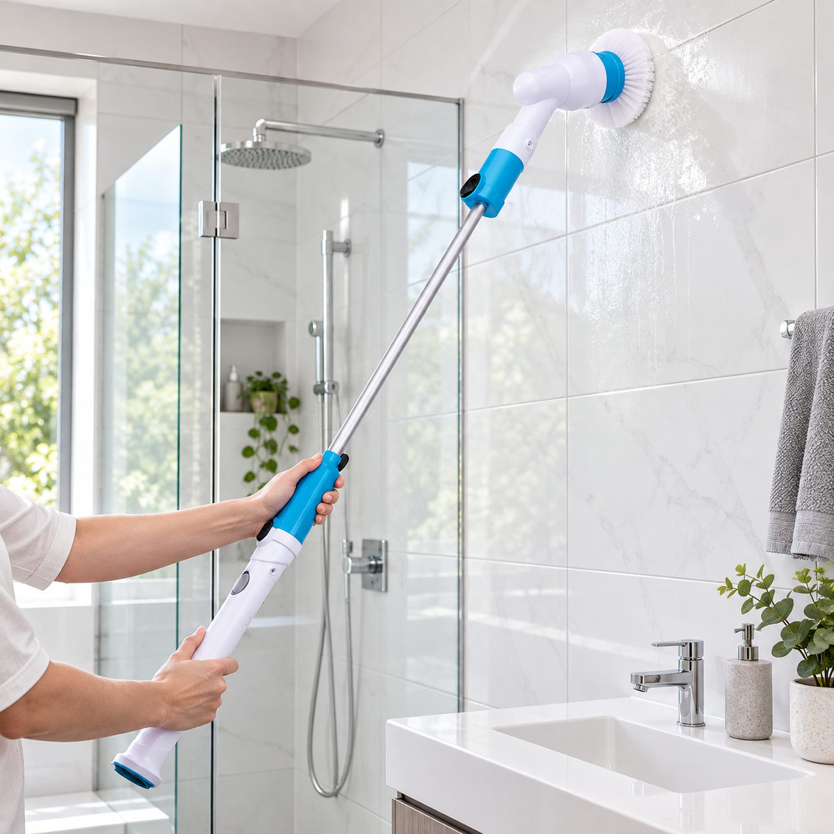 Perie electrică rotativă Hurricane Spin Scrubber, fără fir, 300 RPM, mâner extensibil și 3 capete