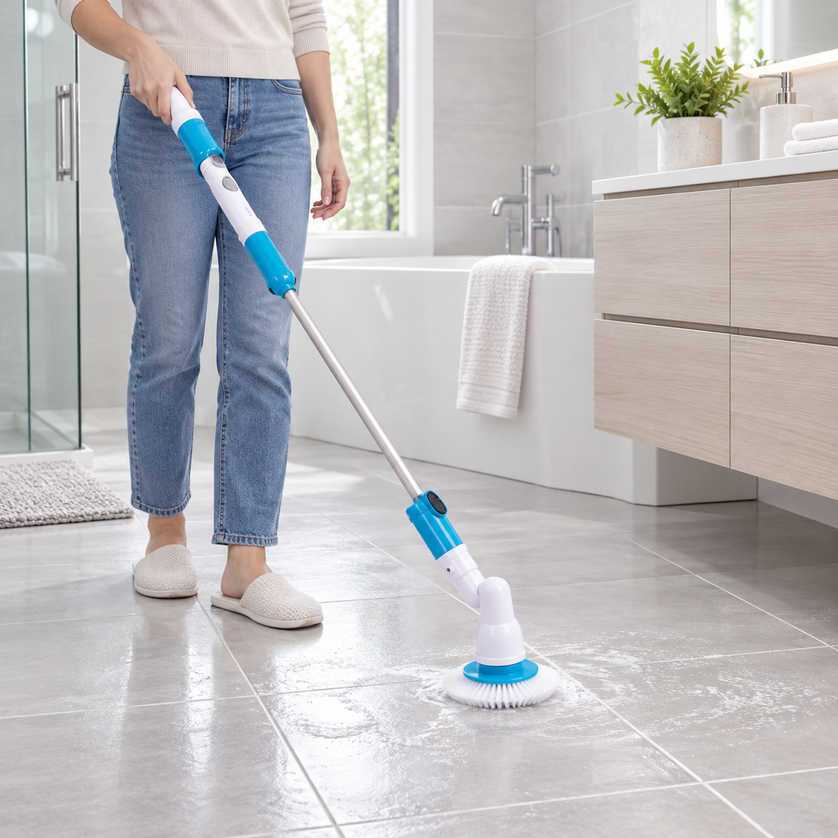 Perie electrică rotativă Hurricane Spin Scrubber, fără fir, 300 RPM, mâner extensibil și 3 capete