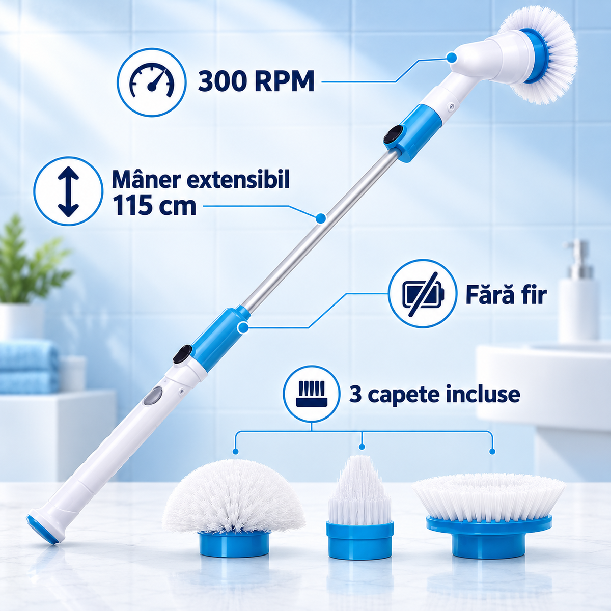 Perie electrică rotativă Hurricane Spin Scrubber, fără fir, 300 RPM, mâner extensibil și 3 capete
