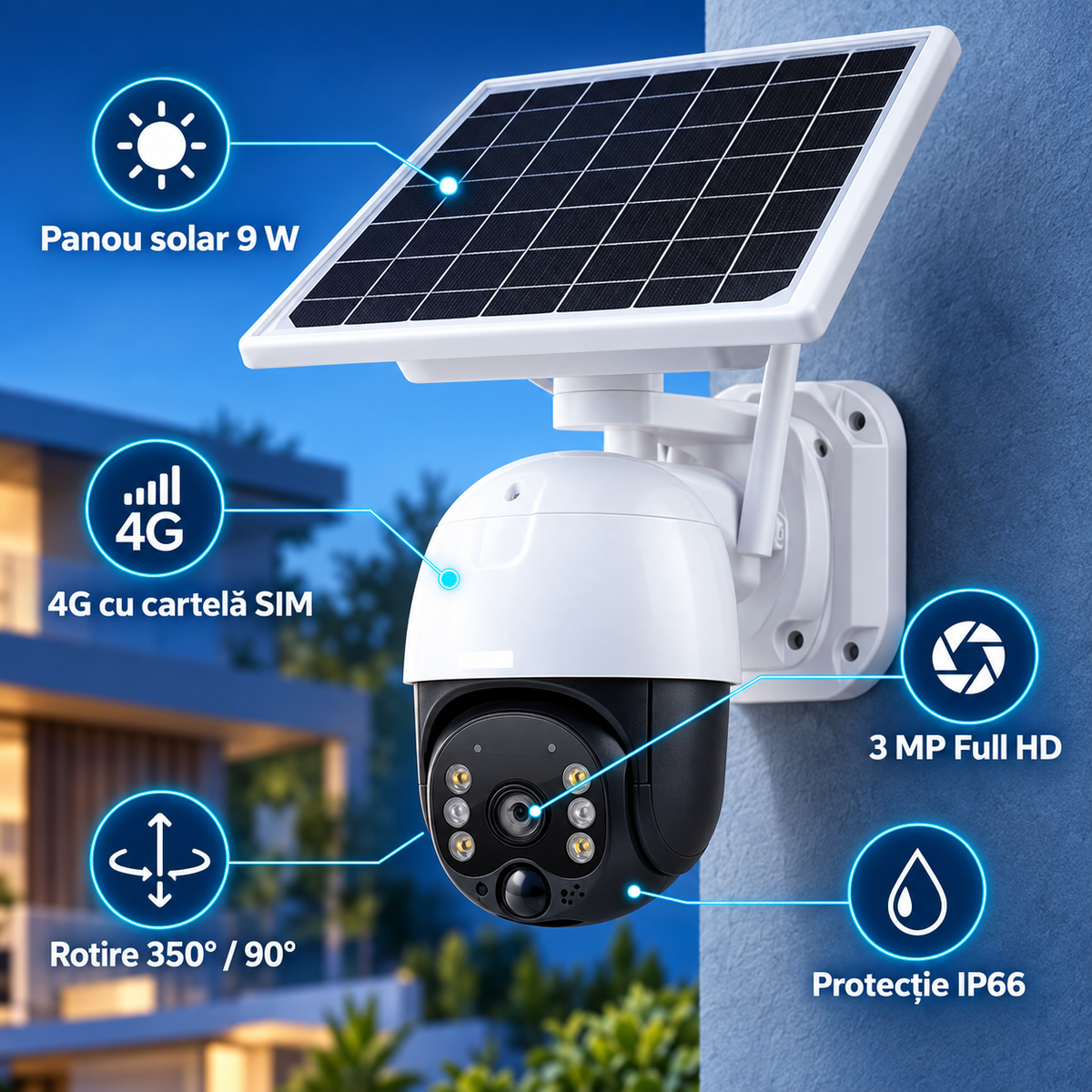 Cameră de supraveghere solară 4G cu SIM, 3 MP Full HD, zoom 10×, vedere nocturnă și protecție IP66