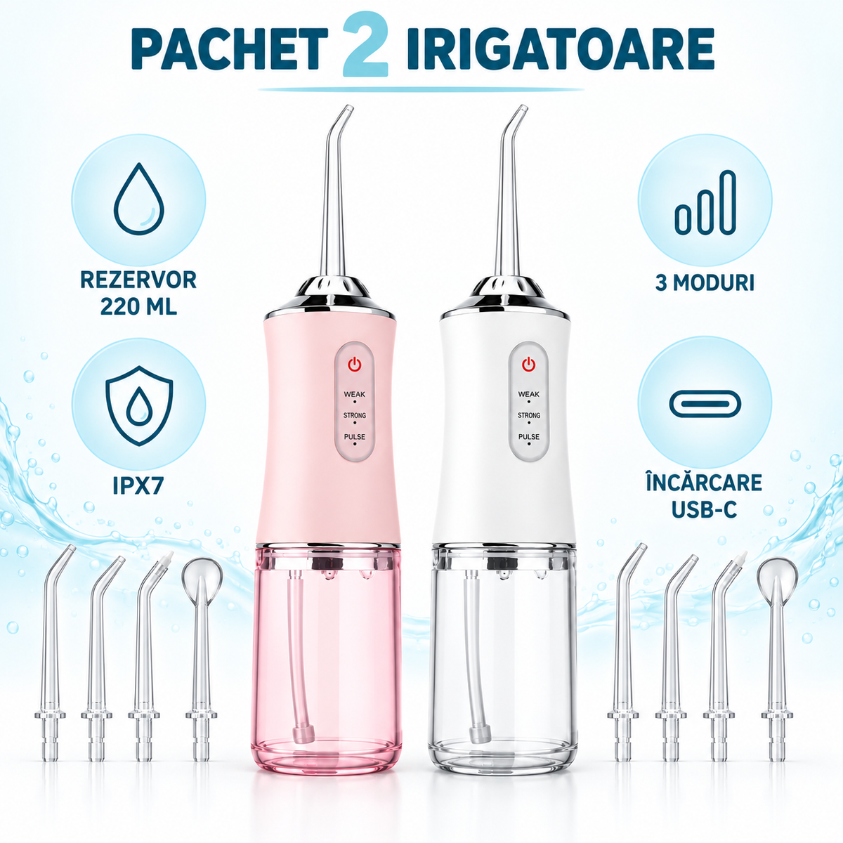 Pachet 2× Irigator Oral Profesional, Rezervor 220 ml, 4 Capete/Irigator – Curățare Interdentară și Anti-Tartru