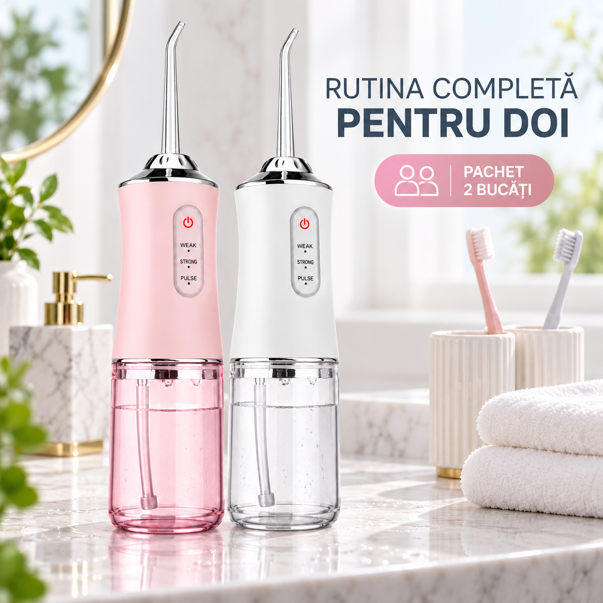 Pachet 2× Irigator Oral Profesional, Rezervor 220 ml, 4 Capete/Irigator – Curățare Interdentară și Anti-Tartru
