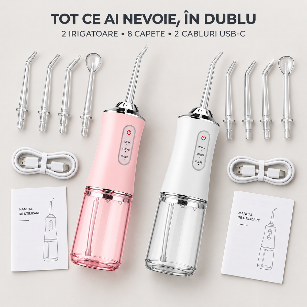 Pachet 2× Irigator Oral Profesional, Rezervor 220 ml, 4 Capete/Irigator – Curățare Interdentară și Anti-Tartru
