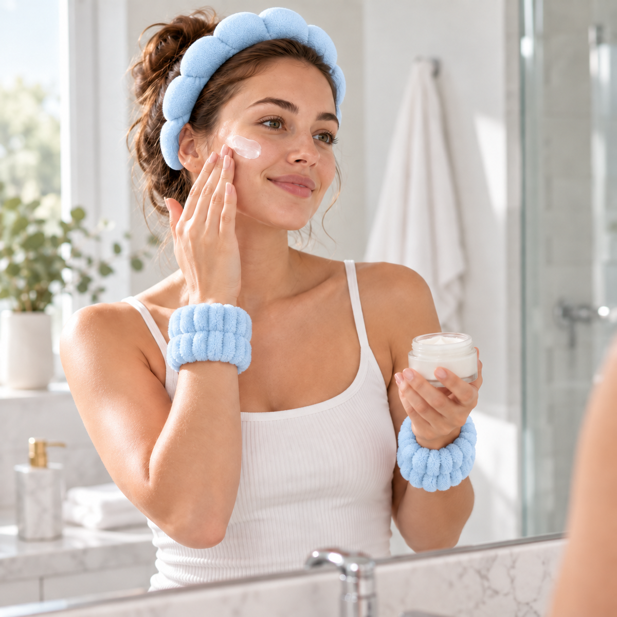 Set 3 accesorii de îngrijire – bentită cu burete și 2 brățări pentru față, albastru