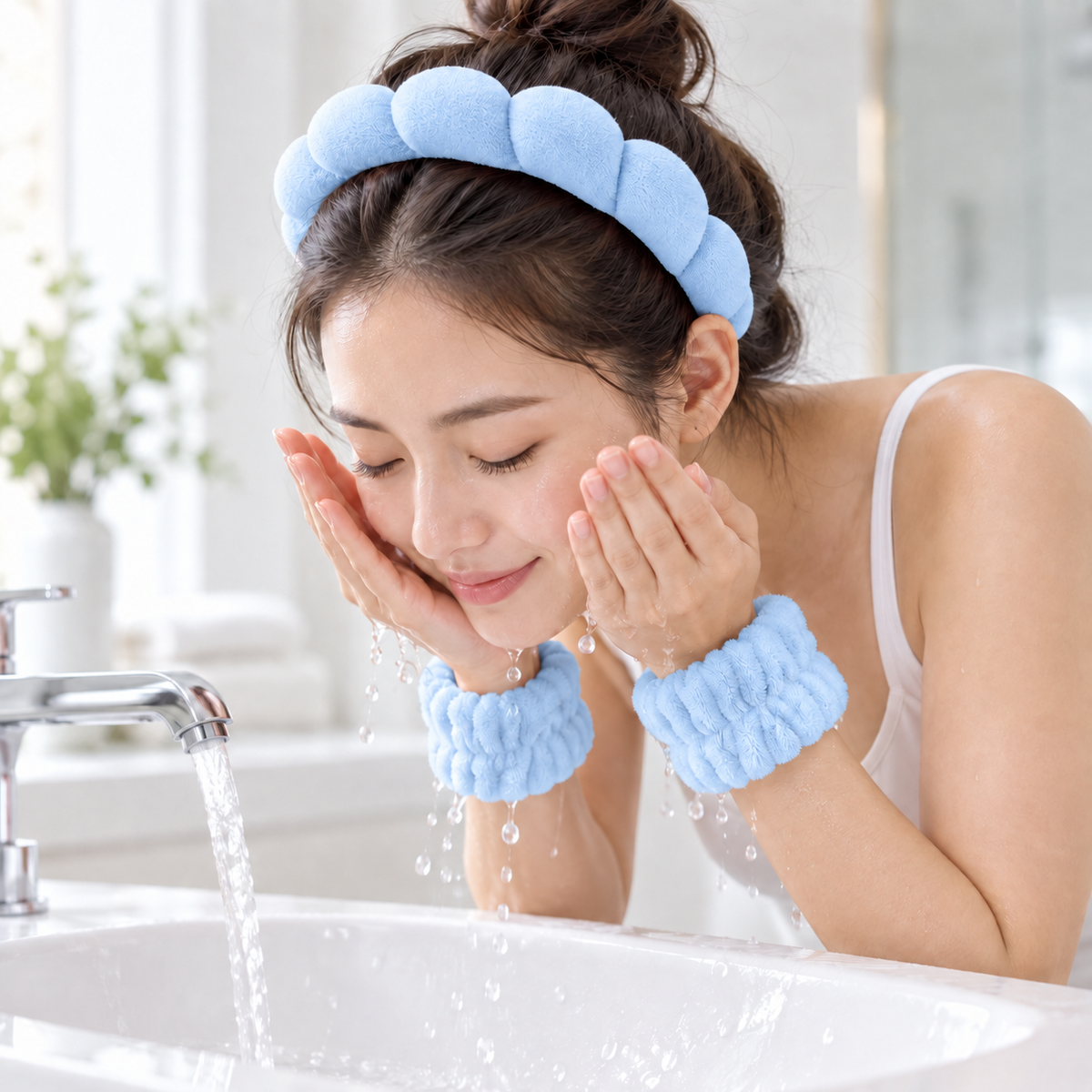 Set 3 accesorii de îngrijire – bentită cu burete și 2 brățări pentru față, albastru