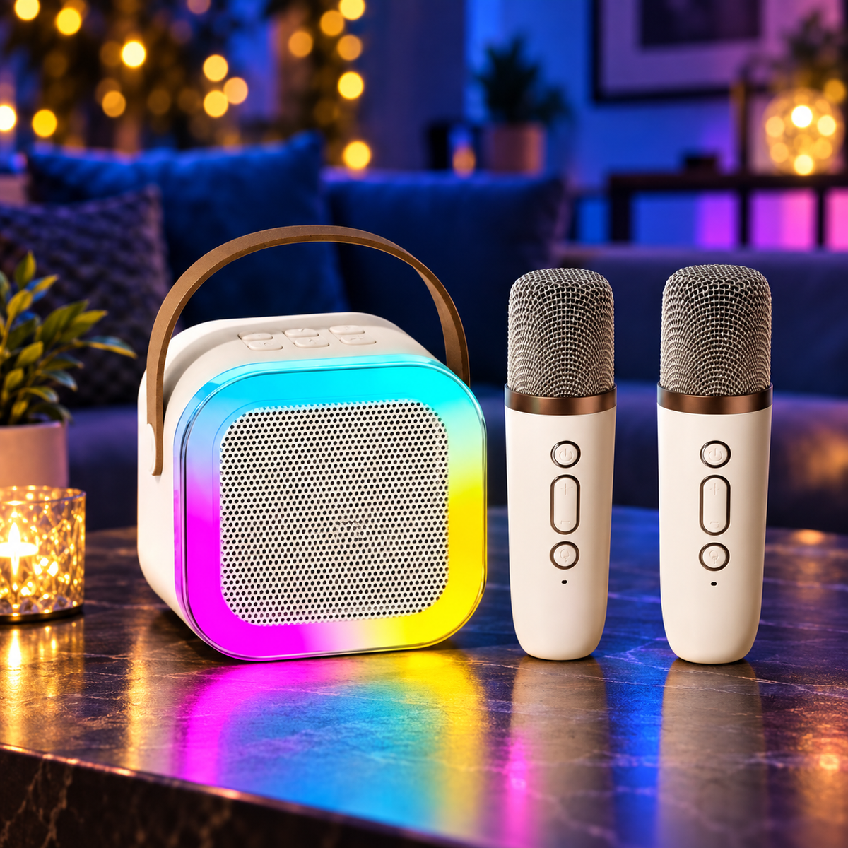 Boxă Portabilă Karaoke cu 2 Microfoane Wireless, Bluetooth și Lumini LED Multicolore