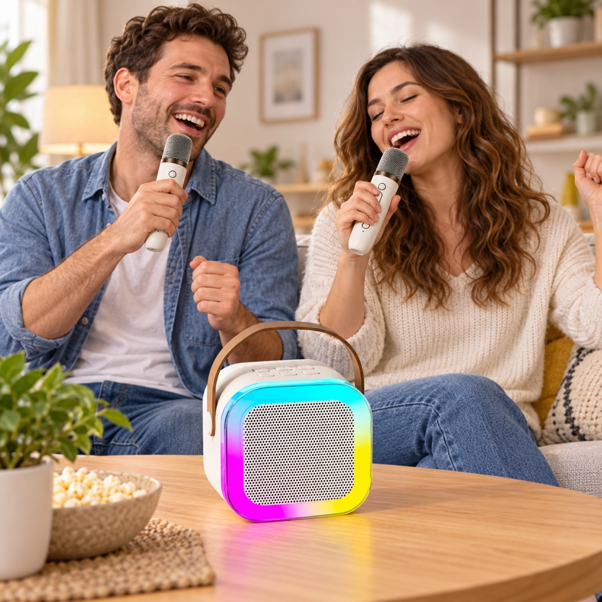 Boxă Portabilă Karaoke cu 2 Microfoane Wireless, Bluetooth și Lumini LED Multicolore