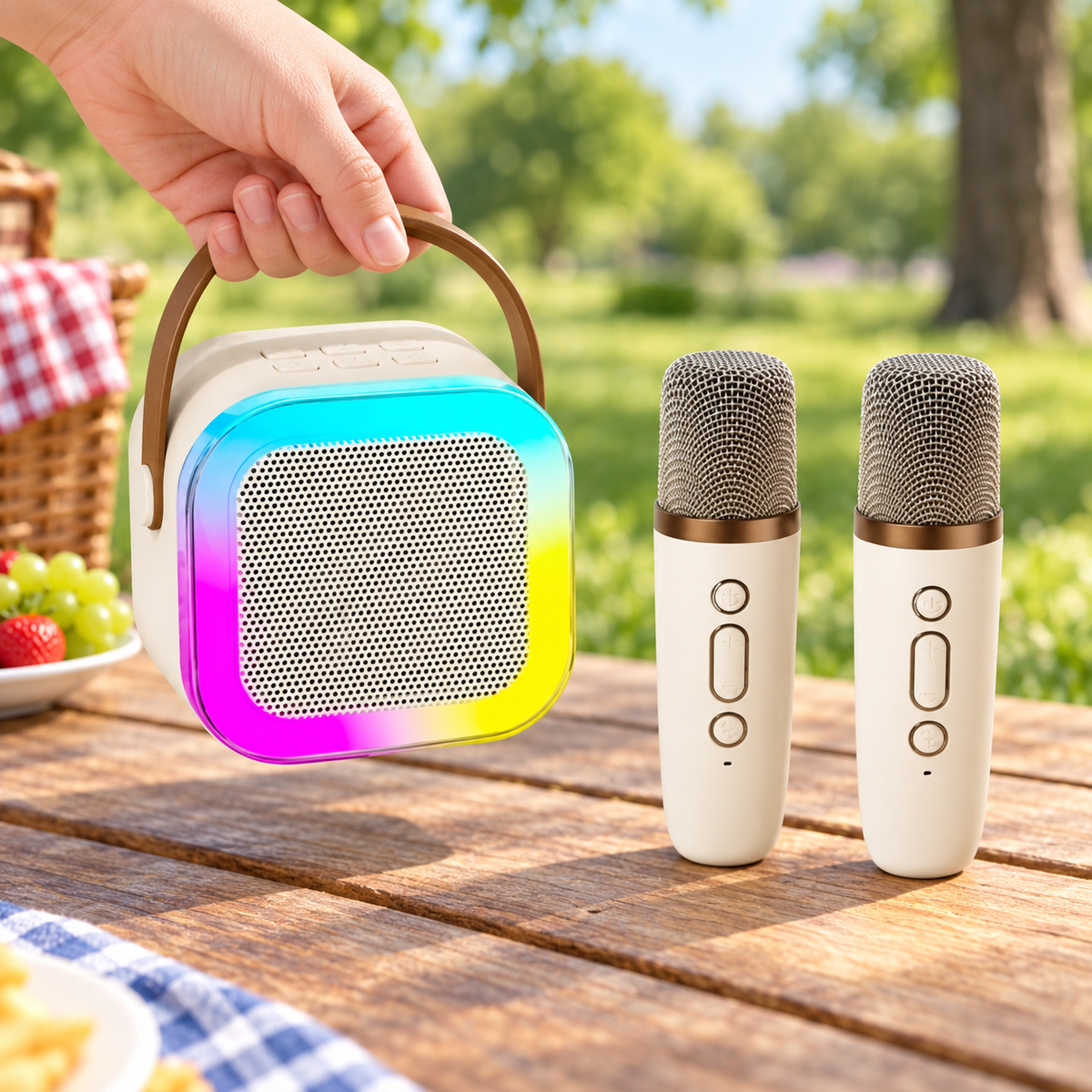 Boxă Portabilă Karaoke cu 2 Microfoane Wireless, Bluetooth și Lumini LED Multicolore