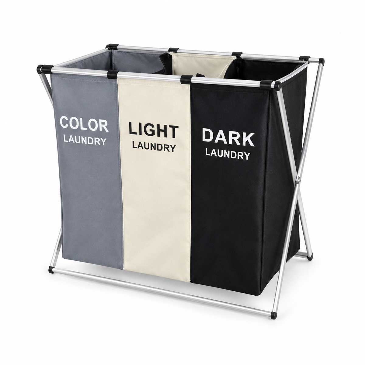 Coș de Rufe Pliabil cu 3 Compartimente Detașabile și Cadru din Aluminiu, 62 × 34 × 56 cm