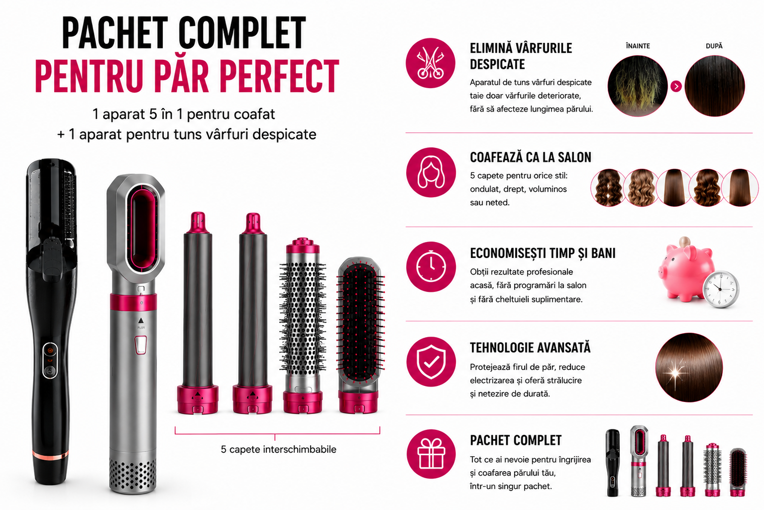 Pachet Beauty Acasa – Set pentru tuns varfuri + set uscare si coafare Păr Sănătos și Coafuri Perfecte Acasa