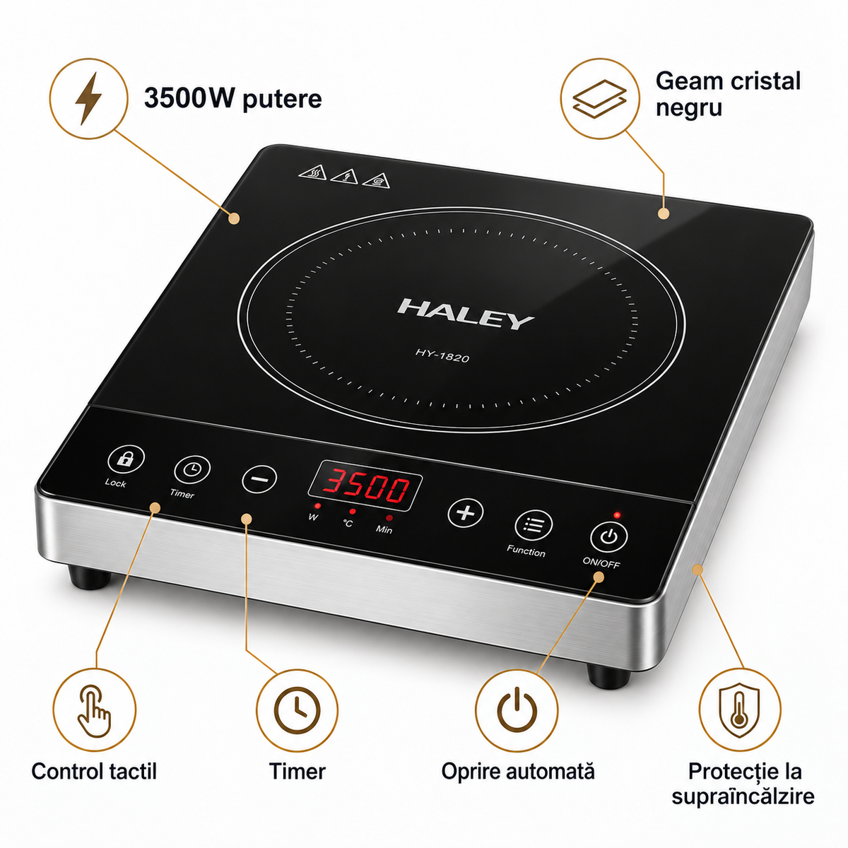 Plită cu inducție HALEY 3500W – Geam cristal negru, control tactil, timer și oprire automată