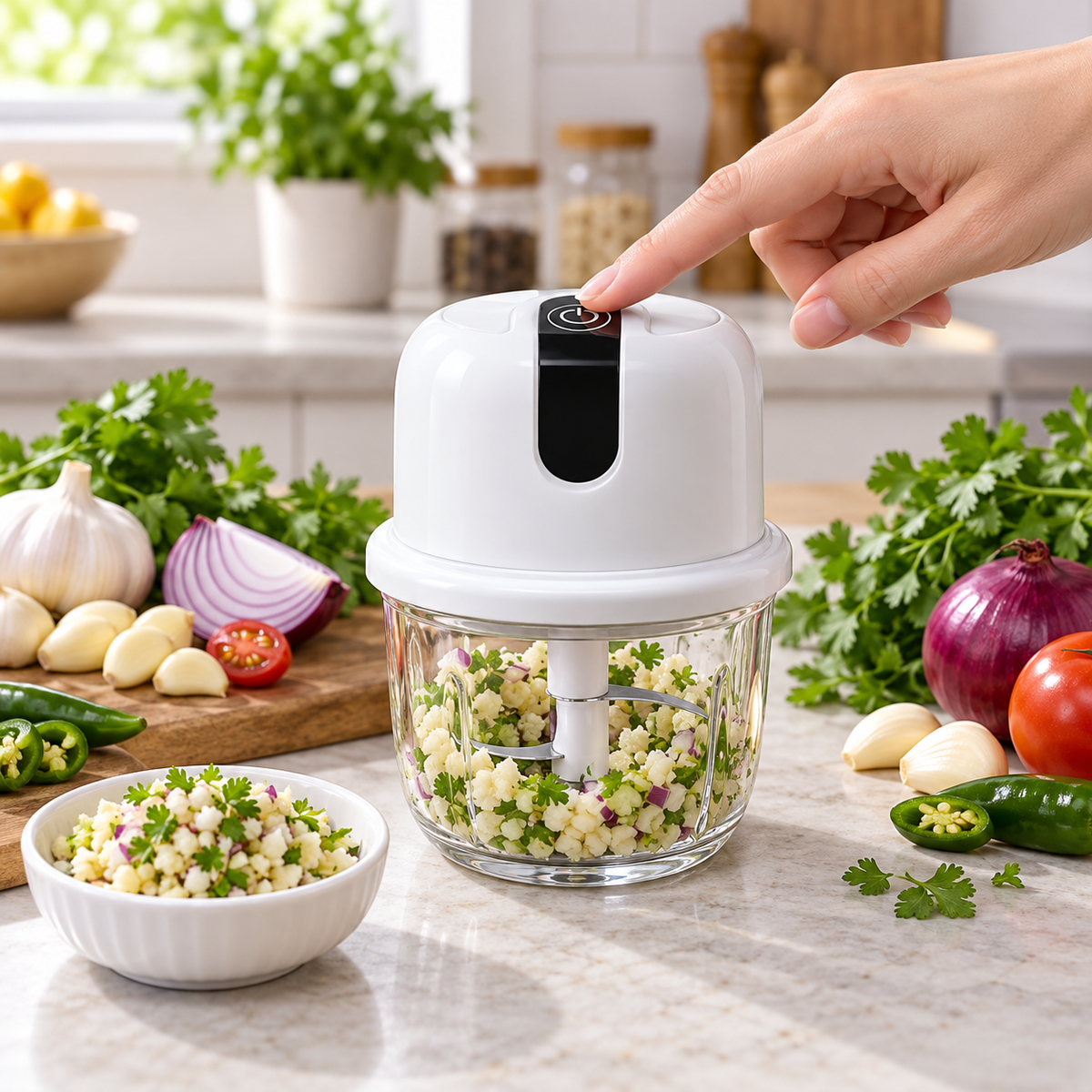 Tocător Electric HALEY HY-1255, 300W, Recipient din Sticlă 350 ml, 6 Lame Inox, Încărcare USB Type-C