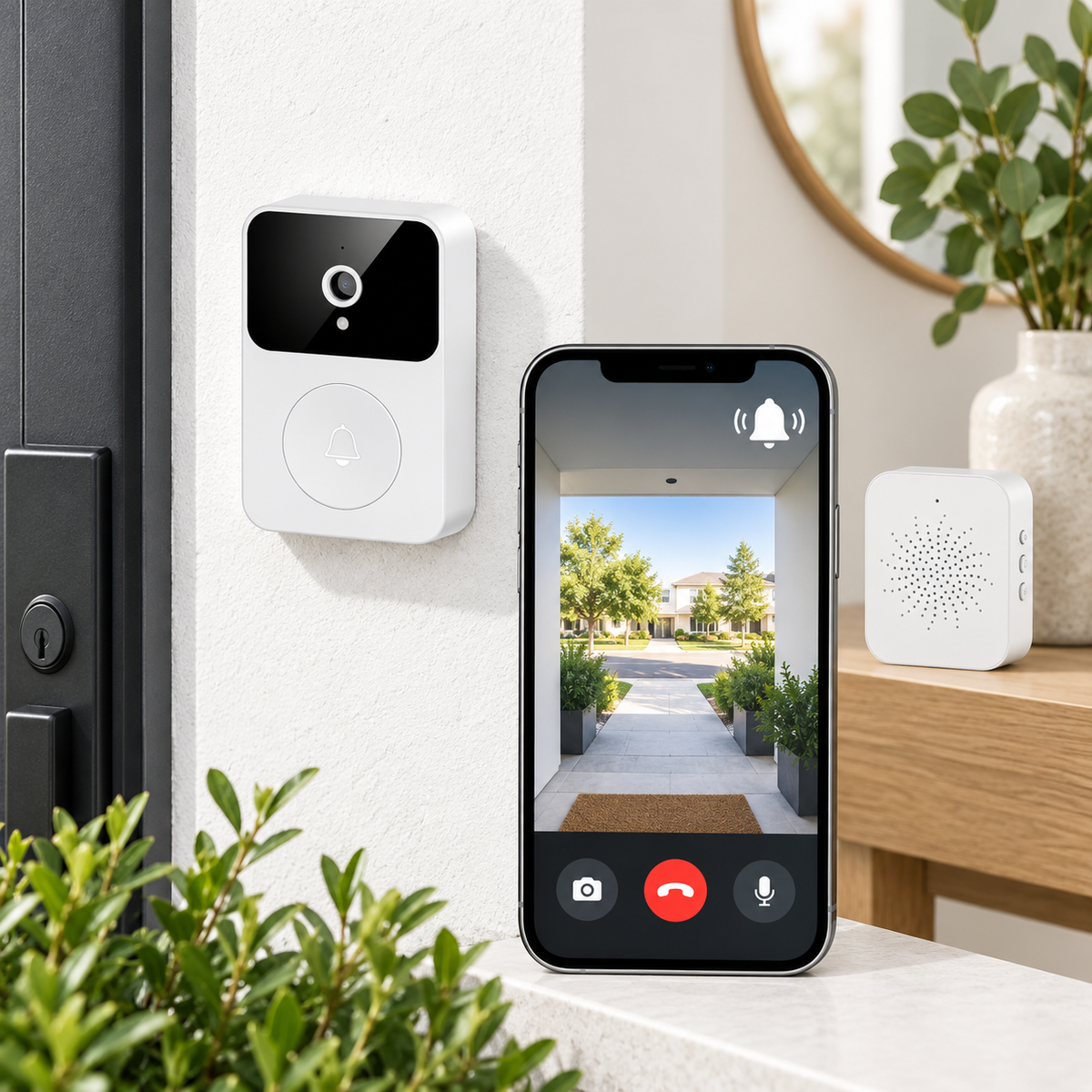 Sonerie Video Inteligentă WiFi cu Cameră HD, Detecție Mișcare, Comunicare Bidirecțională și Notificări, Albă