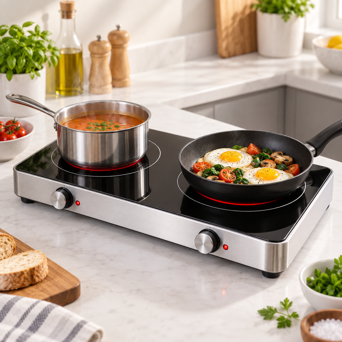 Plită Electrică Dublă HALEY HY-1828, 6000W, 2 Zone de Gătit, Sticlă Termorezistentă, Control Reglabil, Negru/Inox
