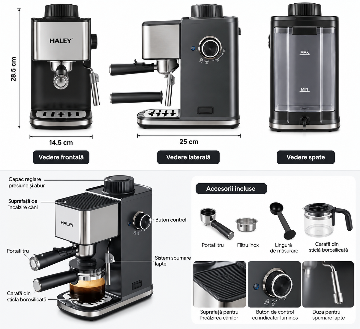 Espressor de Cafea HALEY HY-2822, 1500W, 5 Bar, Rezervor 350 ml, Sistem Spumare Lapte, Filtru Inox, Carafă din Sticlă
