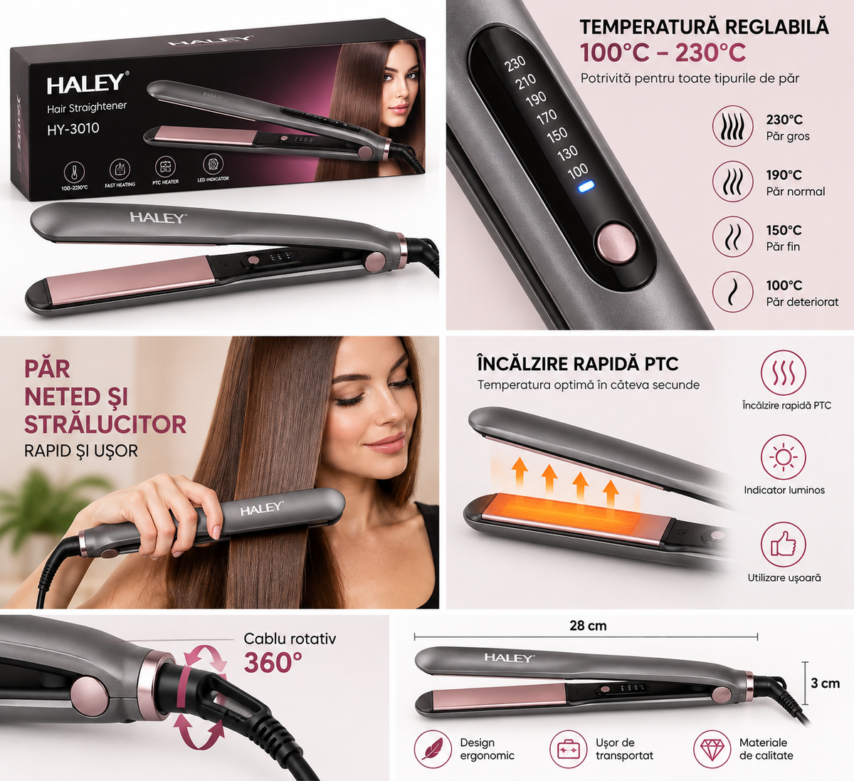 Placă de Îndreptat Părul HALEY HY-3010, Temperatură Reglabilă 100–230°C, Încălzire Rapidă PTC, Indicator Luminos