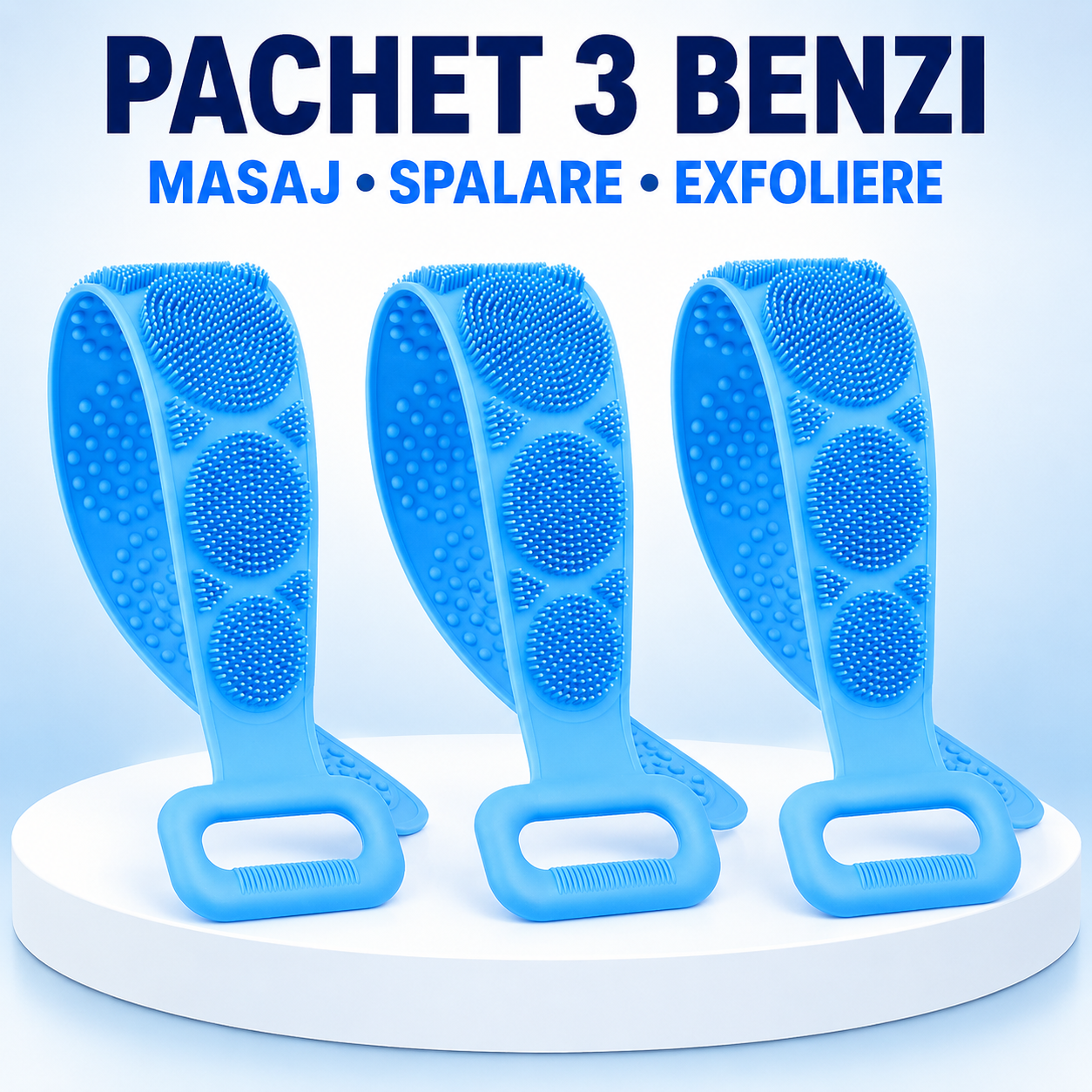 PACHET 3 Benzi din Silicon pentru Masarea, Spălarea și Exfolierea Spatelui – 2 Fețe