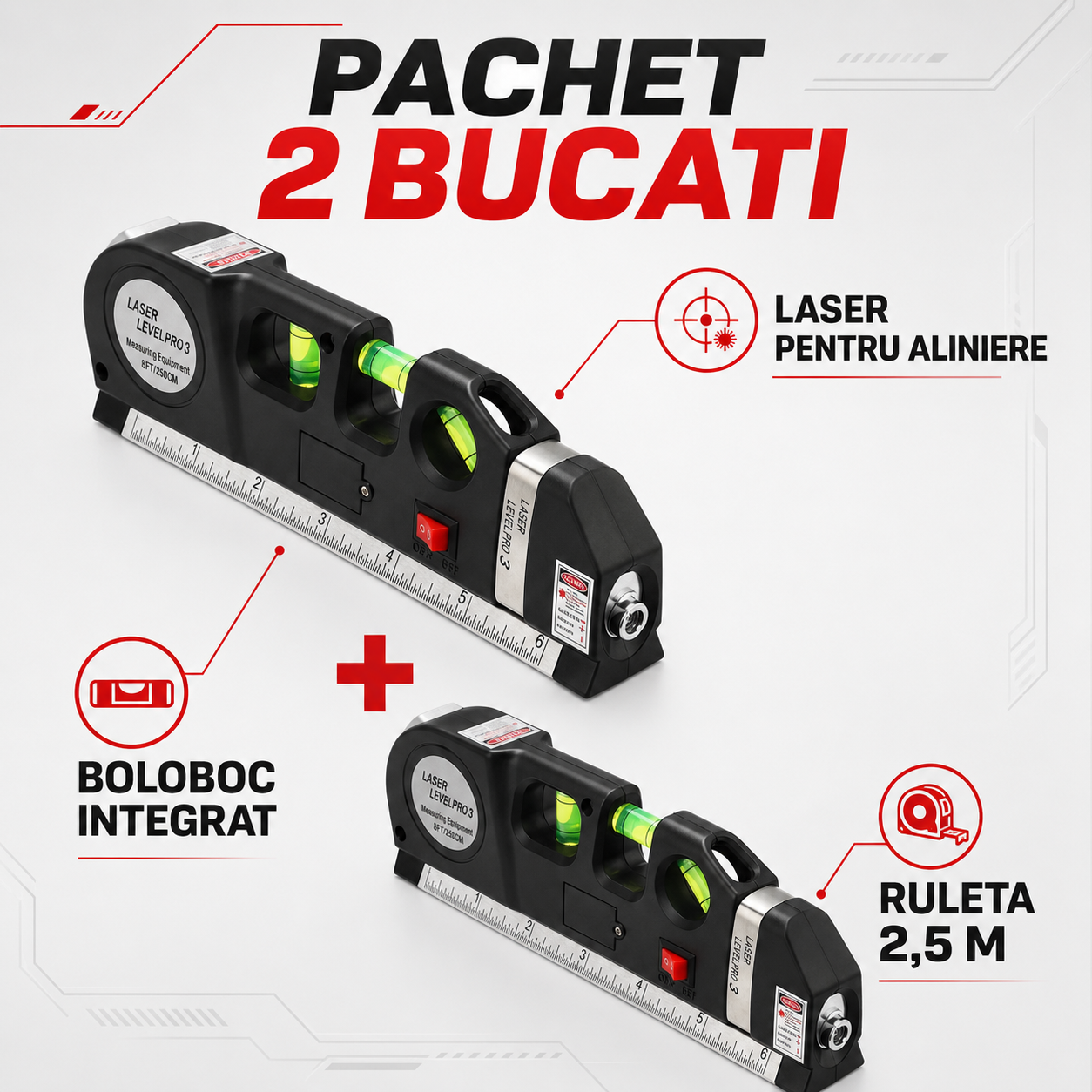 Pachet 2 x Nivele Multifuncționale cu Laser, Boloboc și Ruletă de 2,5 m – Precizie în Măsurători