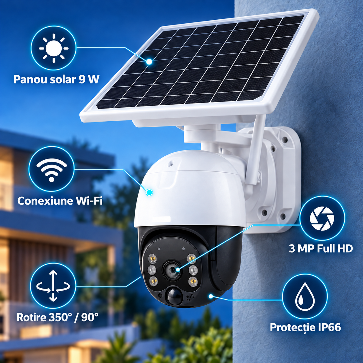 Cameră de supraveghere solară wi-fi 3MP – Zoom 10X, vedere nocturnă, panou solar 9W și protecție IP66