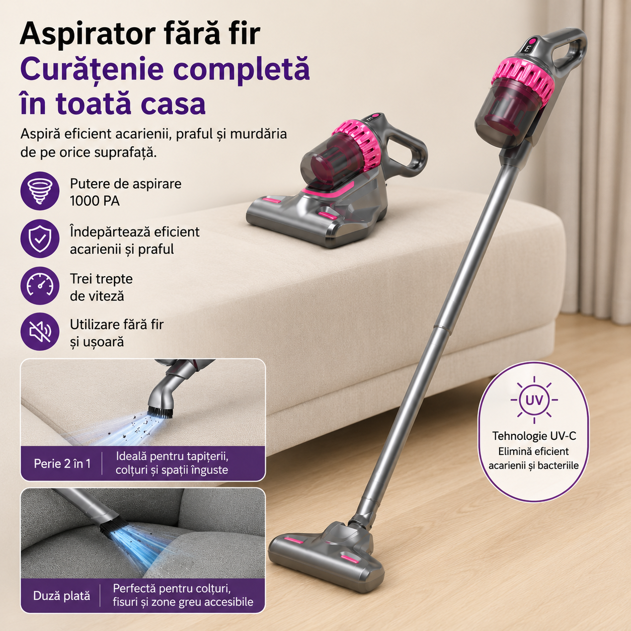 Aspirator Vertical, fără Fir,  fara sac 21,6V – Rezervor 0,54L, Ușor și Puternic