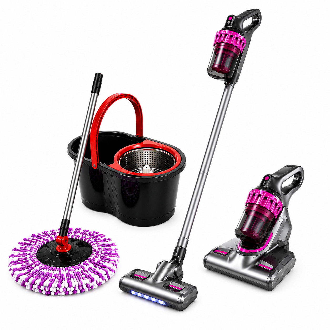 Pachet Casă Curată – Aspirator Vertical 21,6V și Mop Rotativ cu Găleată