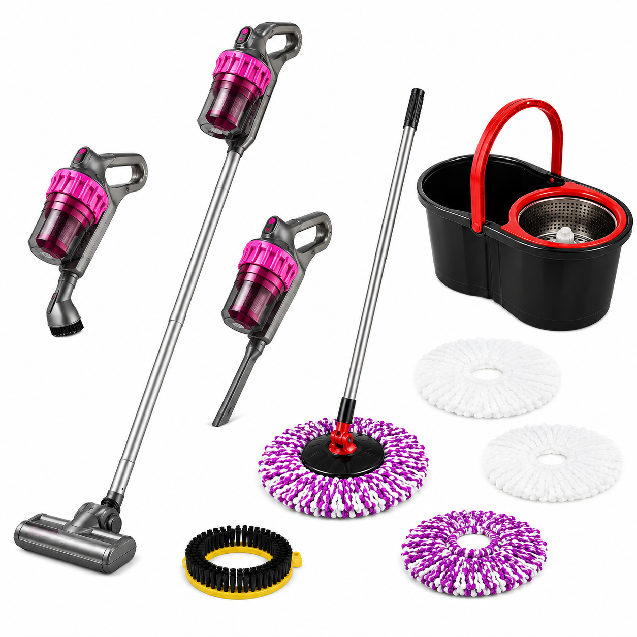 Pachet Casă Curată – Aspirator Vertical 21,6V și Mop Rotativ cu Găleată