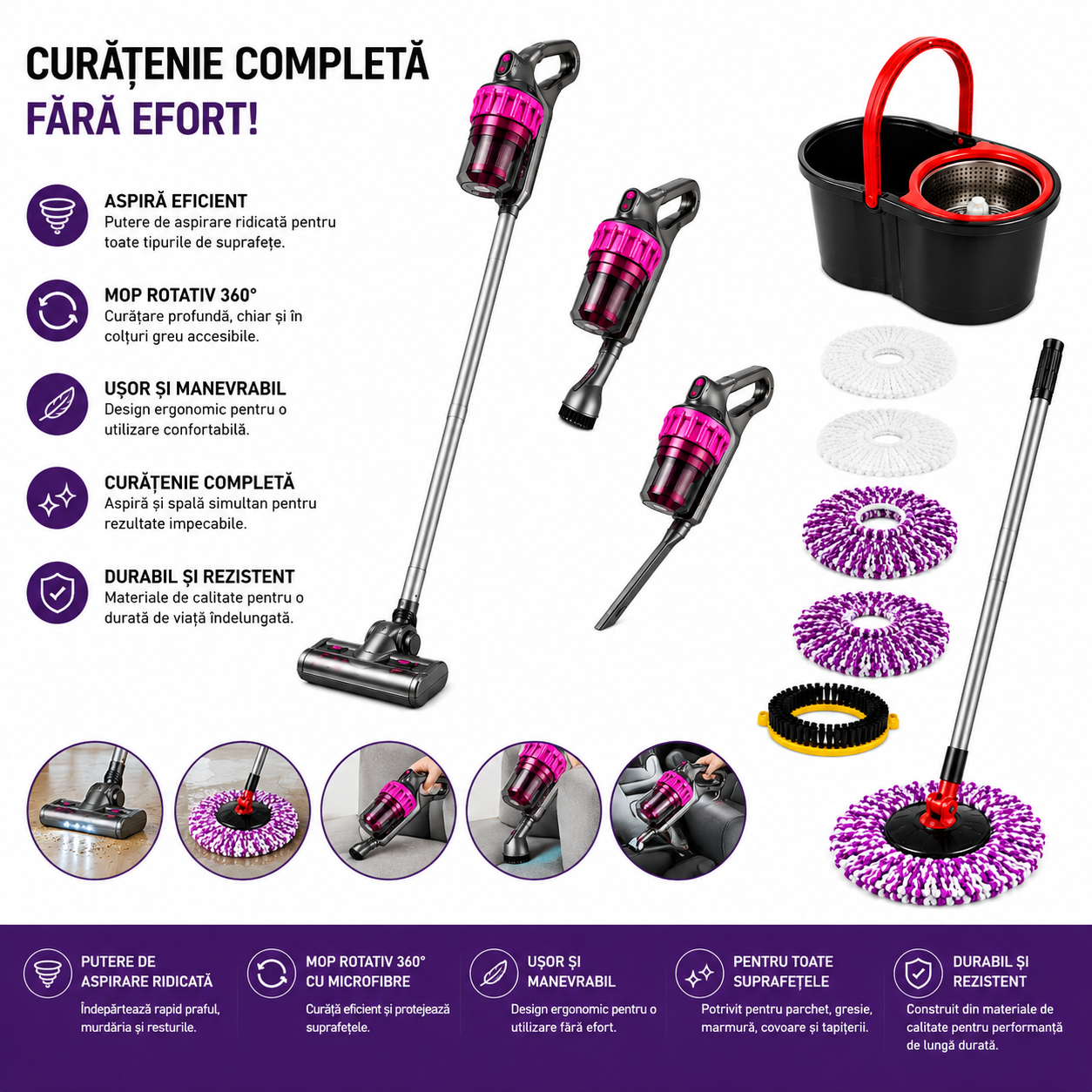 Pachet Casă Curată – Aspirator Vertical 21,6V și Mop Rotativ cu Găleată