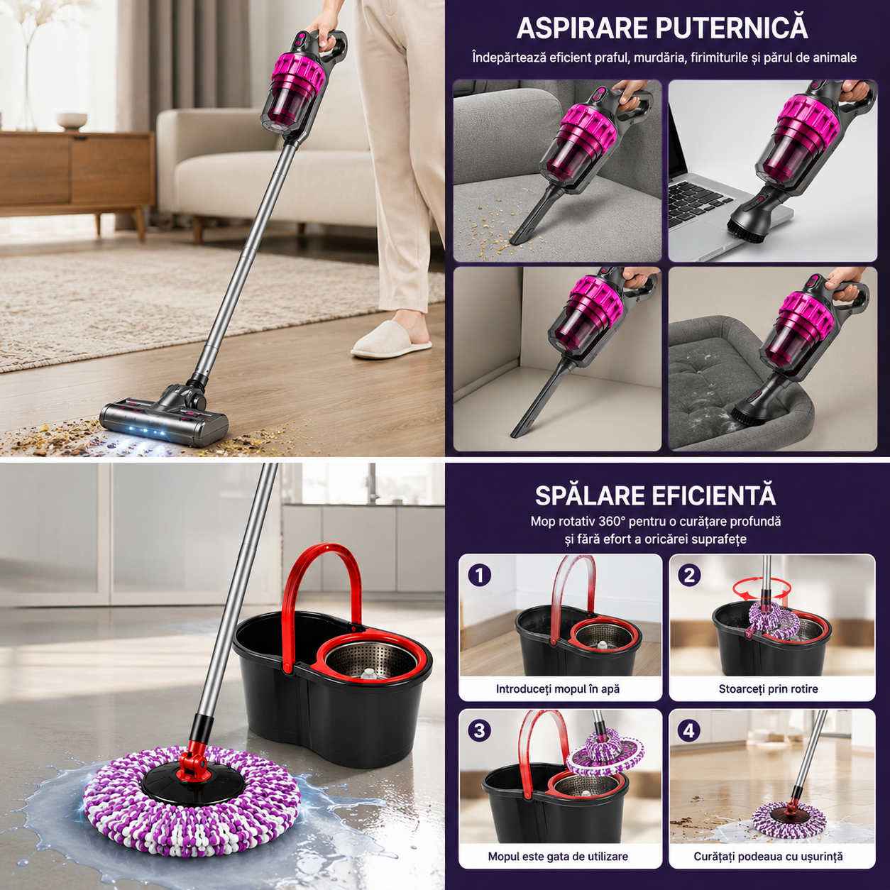 Pachet Casă Curată – Aspirator Vertical 21,6V și Mop Rotativ cu Găleată