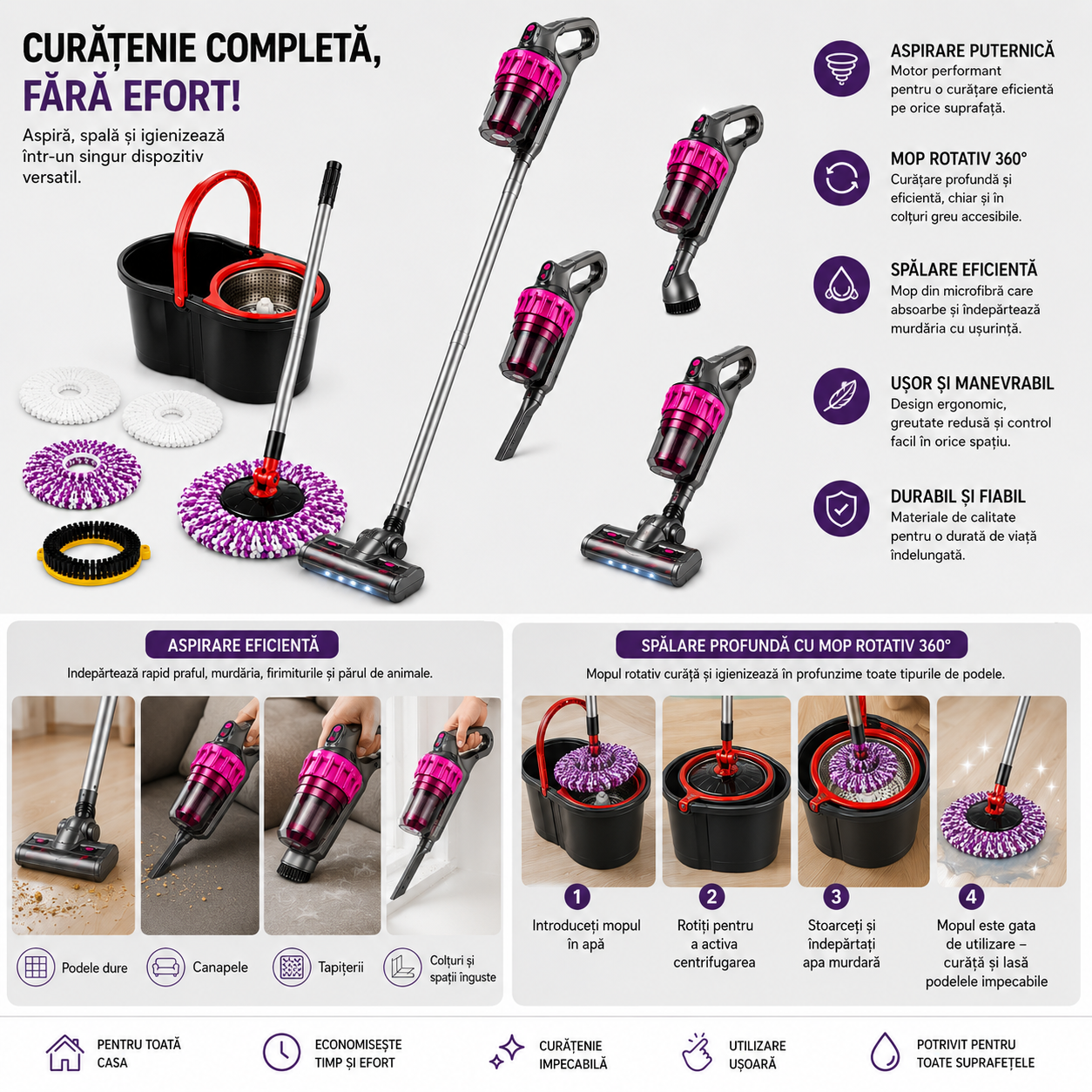 Pachet Casă Curată – Aspirator Vertical 21,6V și Mop Rotativ cu Găleată
