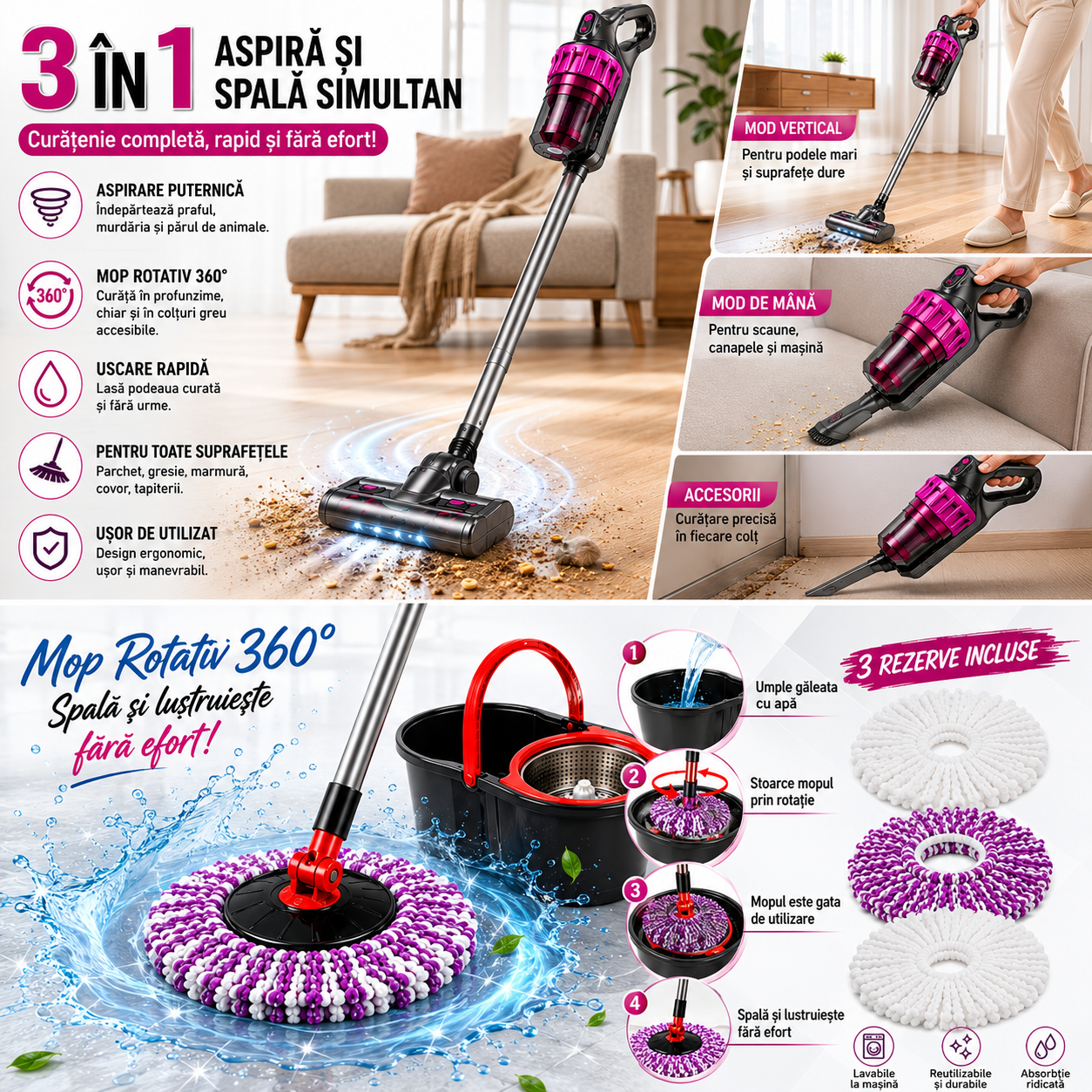 Pachet Casă Curată – Aspirator Vertical 21,6V și Mop Rotativ cu Găleată