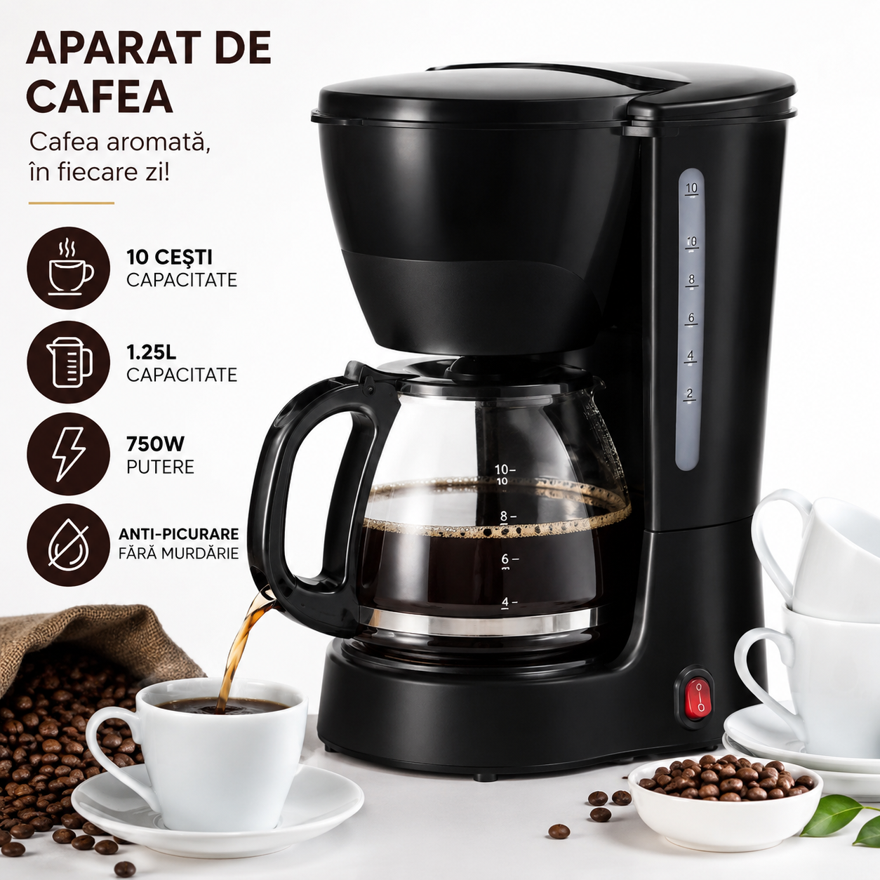 Aparat de cafea,negru, ulcior de sticla, 10 cesti cafea cu filtru, 650ML, 750 wati, placa de incalzire, oprire automata, functie anti-picurare