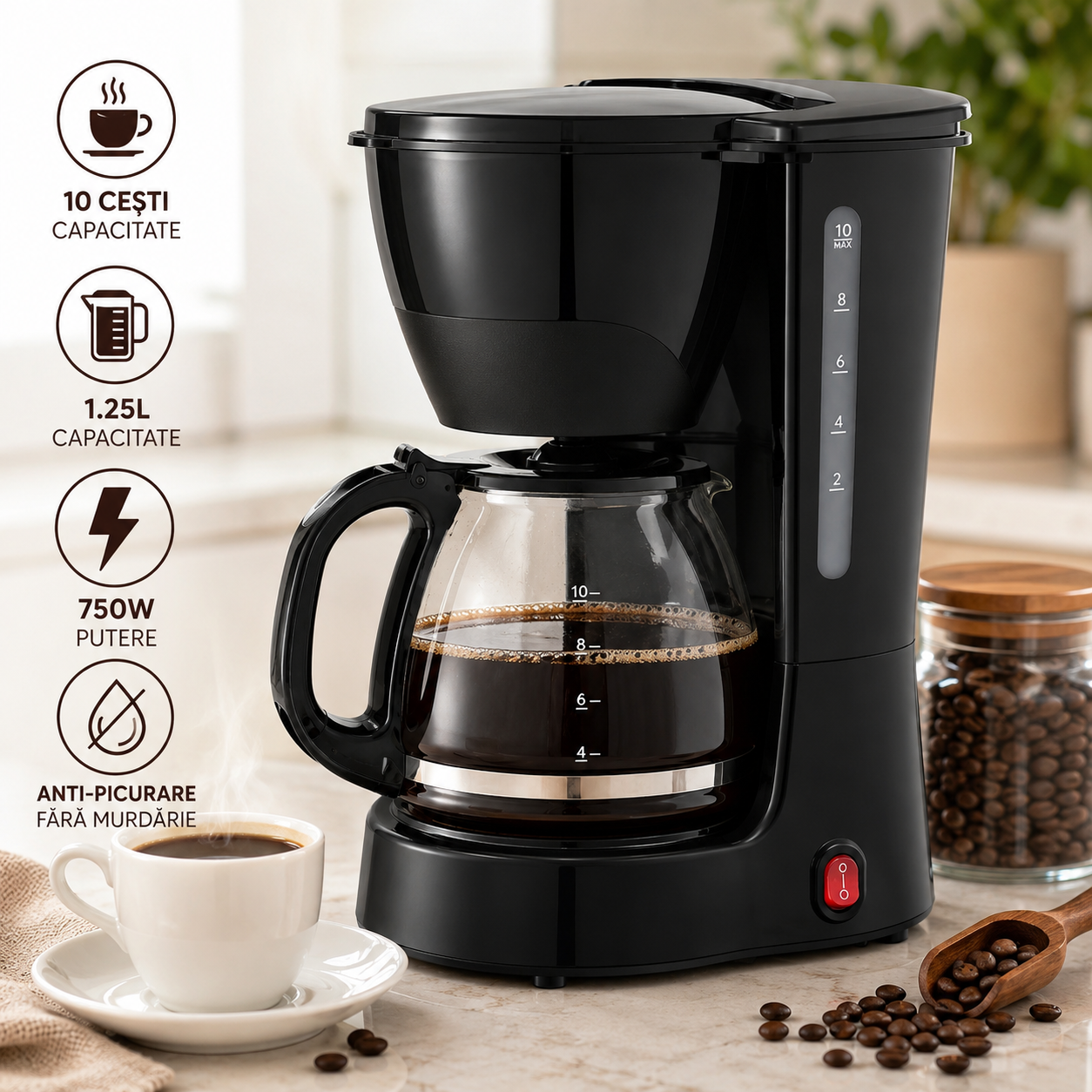 Aparat de cafea,negru, ulcior de sticla, 10 cesti cafea cu filtru, 650ML, 750 wati, placa de incalzire, oprire automata, functie anti-picurare