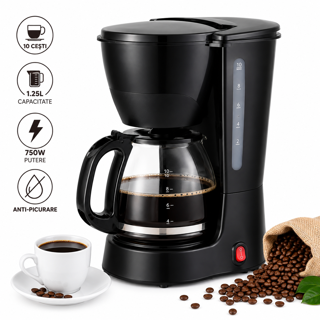 Aparat de cafea,negru, ulcior de sticla, 10 cesti cafea cu filtru, 650ML, 750 wati, placa de incalzire, oprire automata, functie anti-picurare